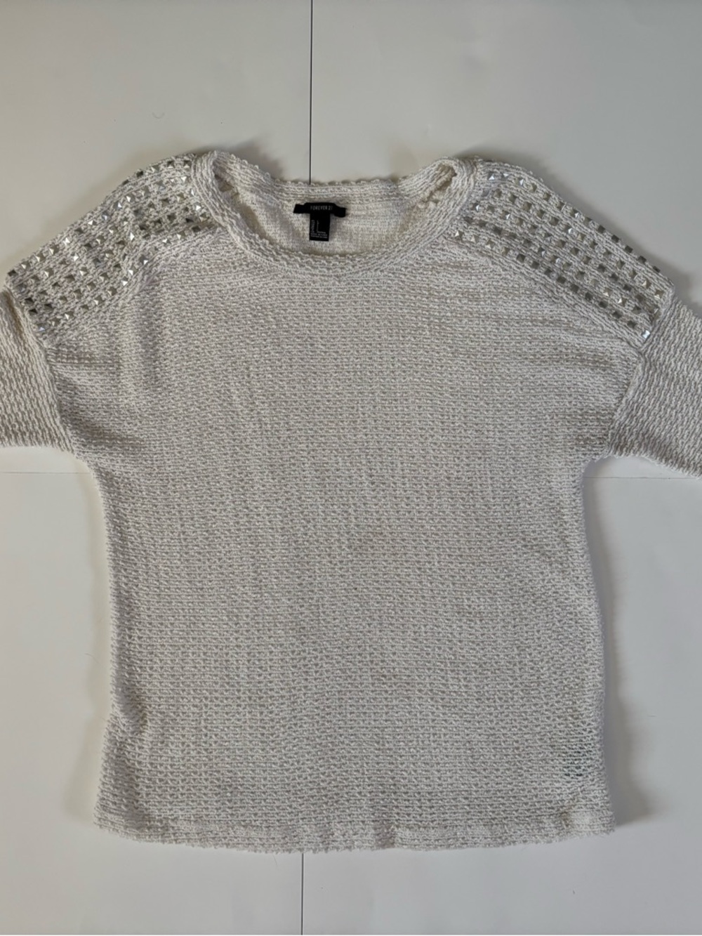 Textured Cream Knit Short-Sleeve Sweater with Embellished Shoulders